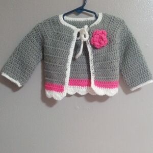 Handmade Gray Crochet Baby Cardigan with Pink Flower Size 12 Month
